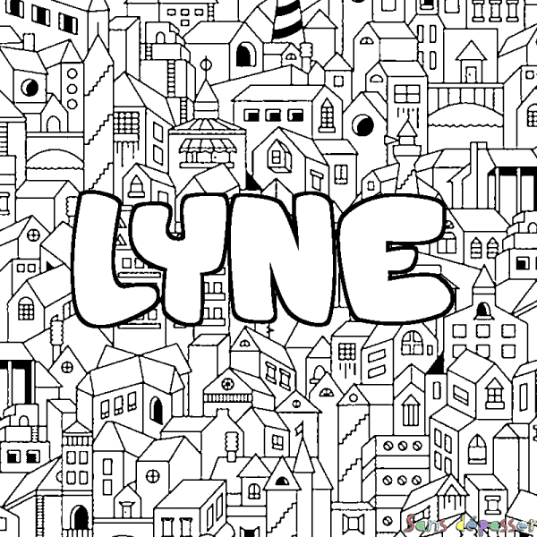 Coloriage pr&eacute;nom LYNE - d&eacute;cor Ville