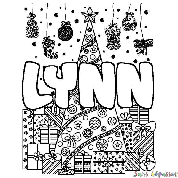 Coloriage prénom LYNN - d&eacute;cor Sapin et Cadeaux