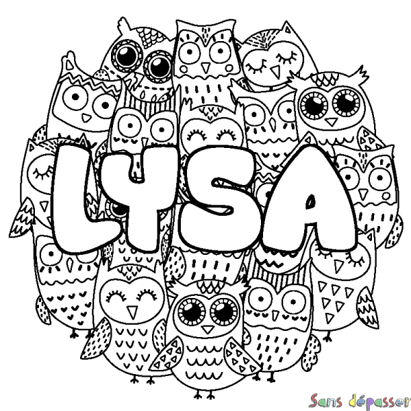 Coloriage pr&eacute;nom LYSA - d&eacute;cor Chouettes