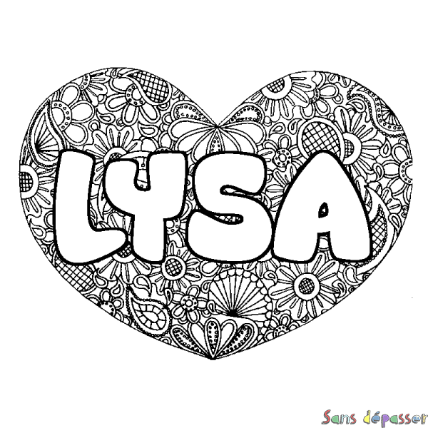 Coloriage pr&eacute;nom LYSA - d&eacute;cor Mandala coeur
