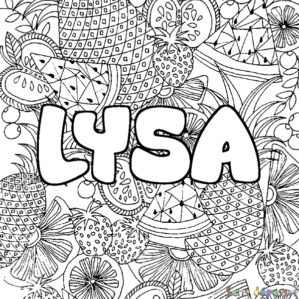 Coloriage pr&eacute;nom LYSA - d&eacute;cor Mandala fruits