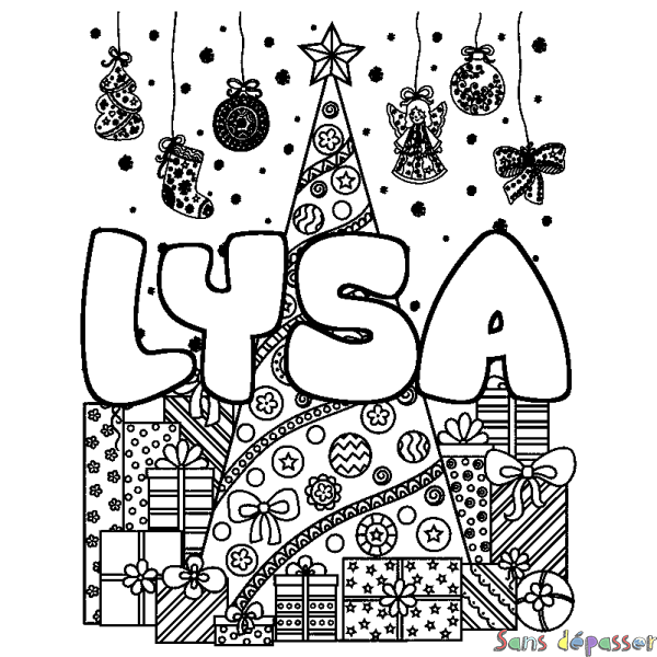 Coloriage pr&eacute;nom LYSA - d&eacute;cor Sapin et Cadeaux