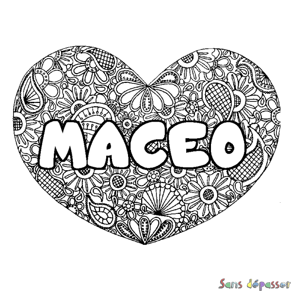 Coloriage pr&eacute;nom MACEO - d&eacute;cor Mandala coeur