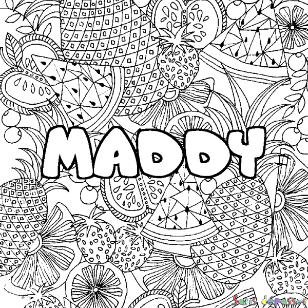 Coloriage pr&eacute;nom MADDY - d&eacute;cor Mandala fruits