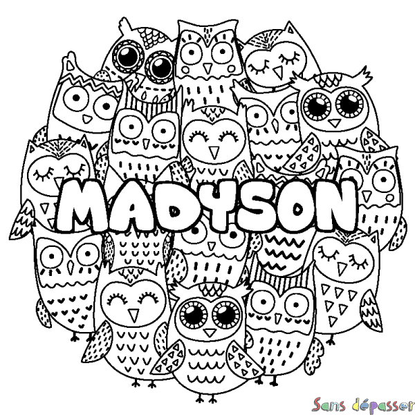 Coloriage pr&eacute;nom MADYSON - d&eacute;cor Chouettes