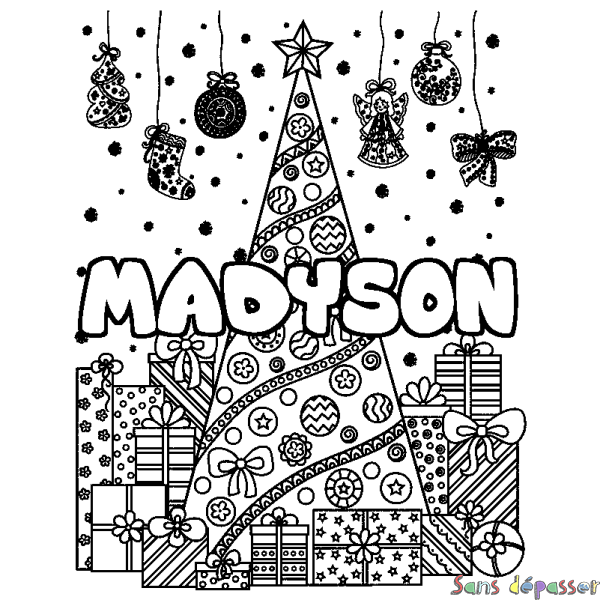 Coloriage pr&eacute;nom MADYSON - d&eacute;cor Sapin et Cadeaux