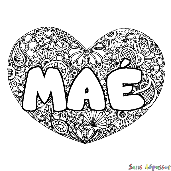 Coloriage pr&eacute;nom MA&Eacute; - d&eacute;cor Mandala coeur