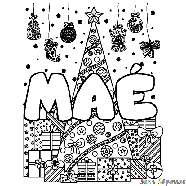Coloriage pr&eacute;nom MA&Eacute; - d&eacute;cor Sapin et Cadeaux
