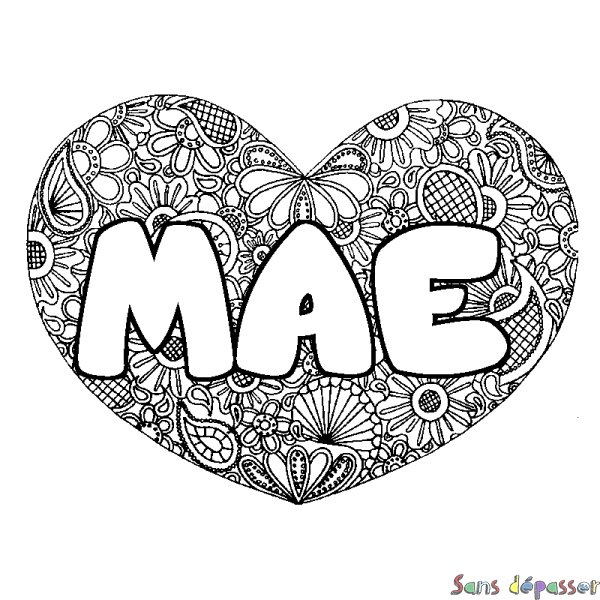 Coloriage pr&eacute;nom MAE - d&eacute;cor Mandala coeur