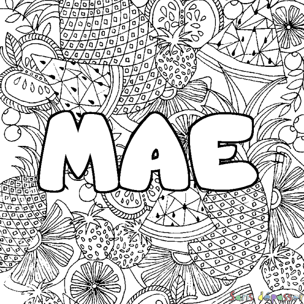 Coloriage pr&eacute;nom MAE - d&eacute;cor Mandala fruits
