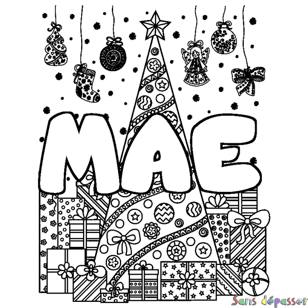 Coloriage pr&eacute;nom MAE - d&eacute;cor Sapin et Cadeaux
