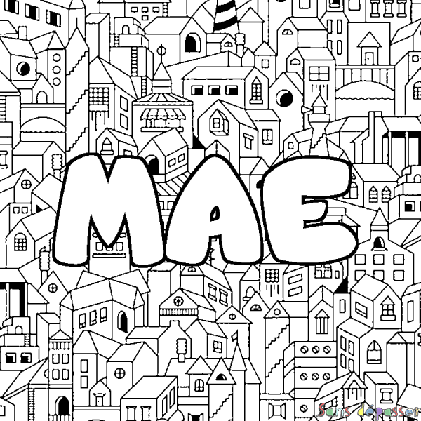 Coloriage pr&eacute;nom MAE - d&eacute;cor Ville