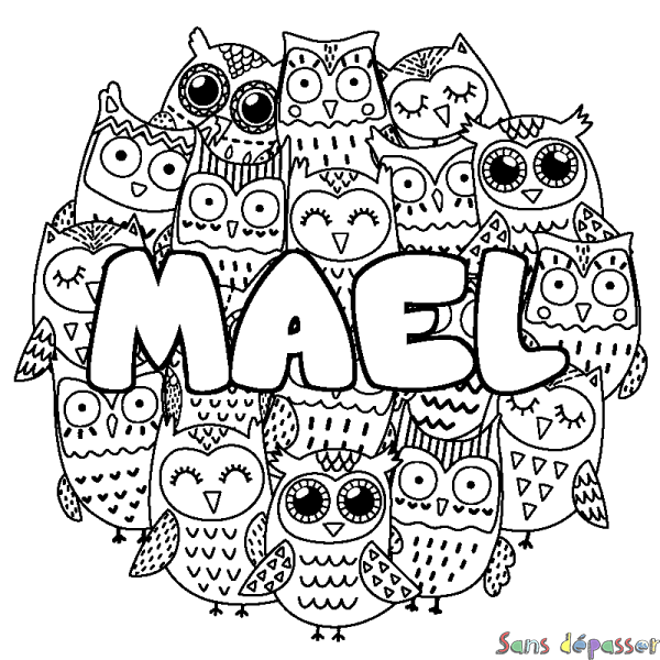 Coloriage pr&eacute;nom MAEL - d&eacute;cor Chouettes