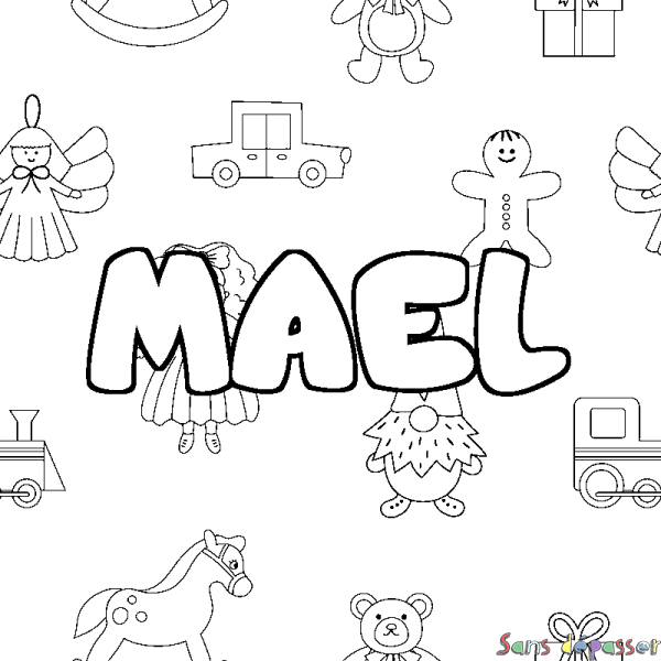 Coloriage pr&eacute;nom MAEL - d&eacute;cor Jouets