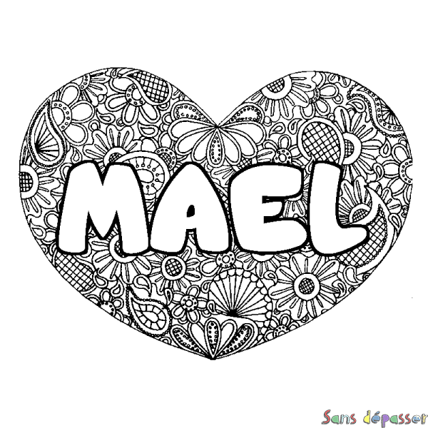 Coloriage prénom MAEL - d&eacute;cor Mandala coeur