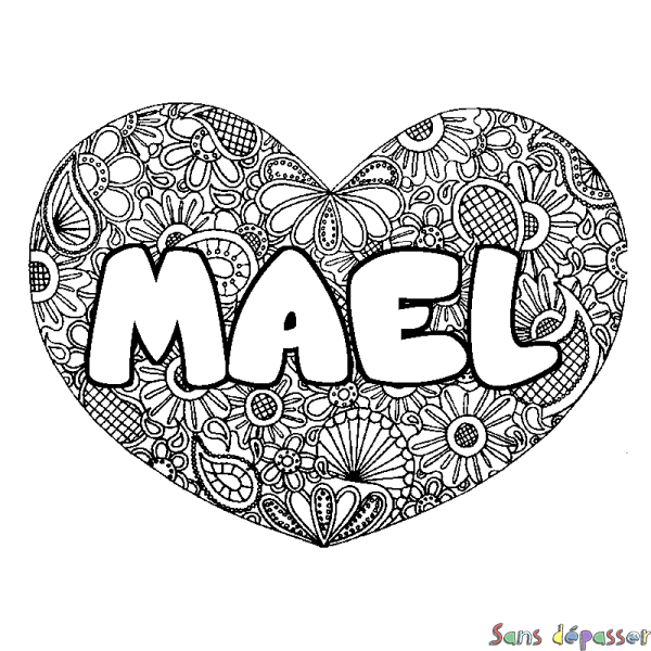Coloriage pr&eacute;nom MAEL - d&eacute;cor Mandala coeur