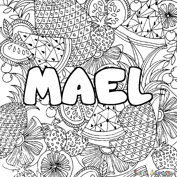 Coloriage pr&eacute;nom MAEL - d&eacute;cor Mandala fruits