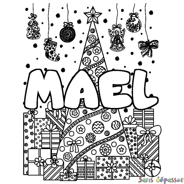 Coloriage prénom MAEL - d&eacute;cor Sapin et Cadeaux