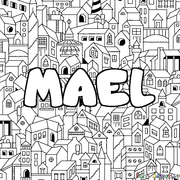 Coloriage pr&eacute;nom MAEL - d&eacute;cor Ville