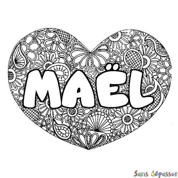 Coloriage pr&eacute;nom MA&Euml;L - d&eacute;cor Mandala coeur