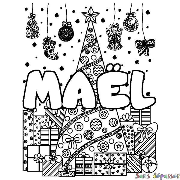 Coloriage pr&eacute;nom MA&Euml;L - d&eacute;cor Sapin et Cadeaux