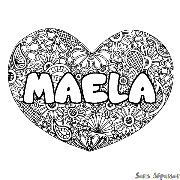 Coloriage prénom MAELA - d&eacute;cor Mandala coeur