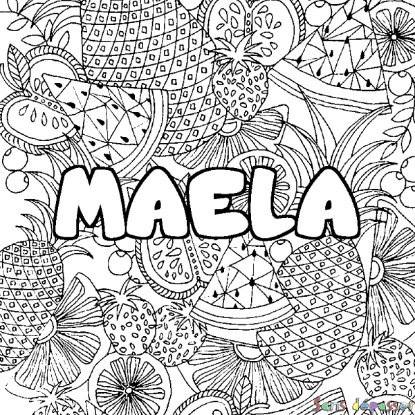 Coloriage pr&eacute;nom MAELA - d&eacute;cor Mandala fruits