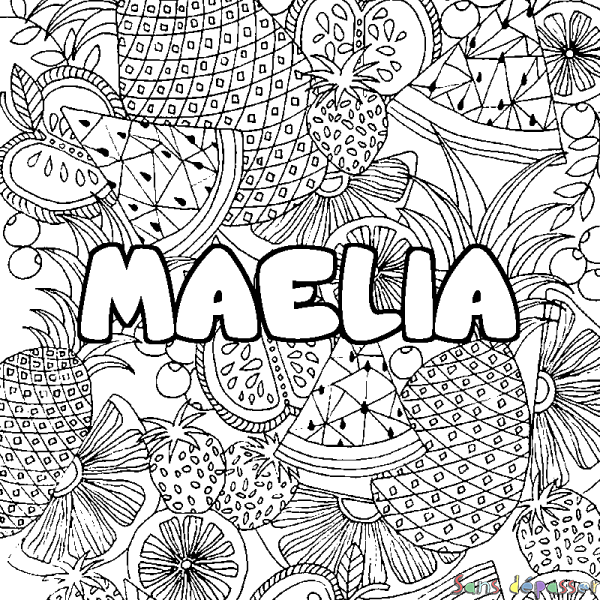 Coloriage pr&eacute;nom MAELIA - d&eacute;cor Mandala fruits