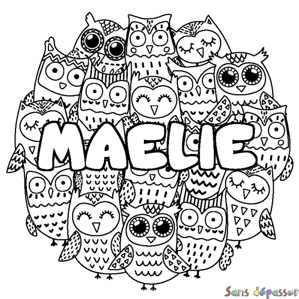 Coloriage pr&eacute;nom MAELIE - d&eacute;cor Chouettes
