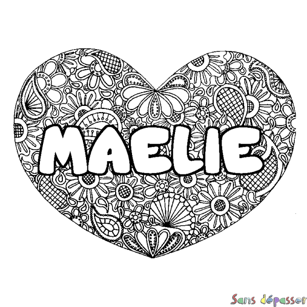 Coloriage pr&eacute;nom MAELIE - d&eacute;cor Mandala coeur