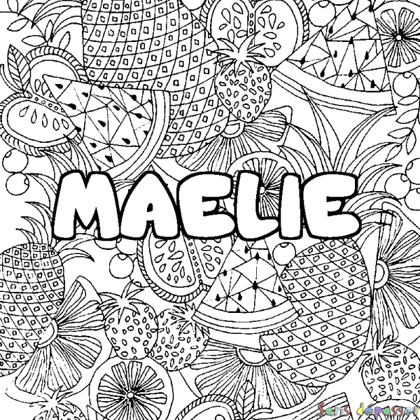 Coloriage pr&eacute;nom MAELIE - d&eacute;cor Mandala fruits