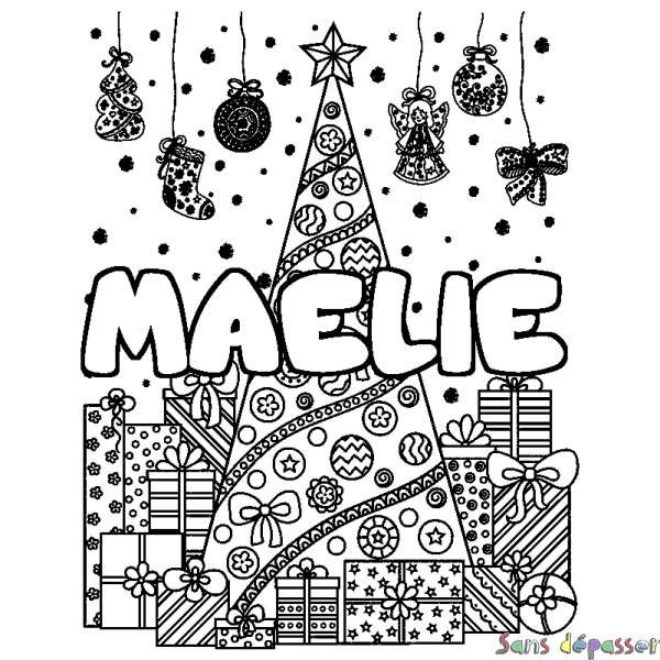 Coloriage pr&eacute;nom MAELIE - d&eacute;cor Sapin et Cadeaux