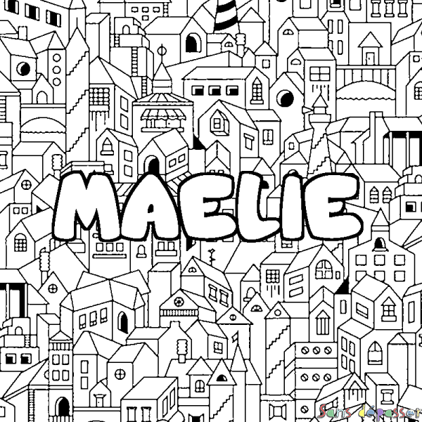 Coloriage pr&eacute;nom MAELIE - d&eacute;cor Ville