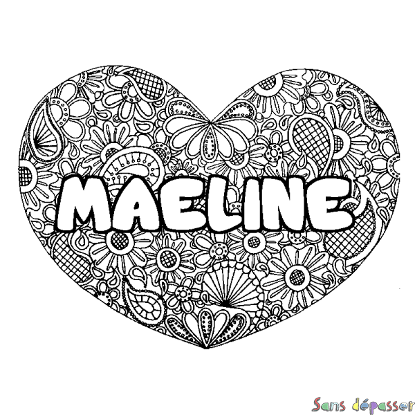 Coloriage pr&eacute;nom MAELINE - d&eacute;cor Mandala coeur