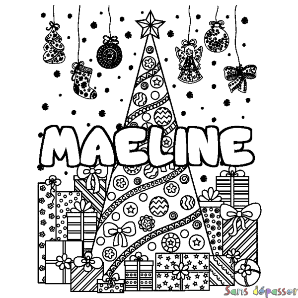 Coloriage prénom MAELINE - d&eacute;cor Sapin et Cadeaux