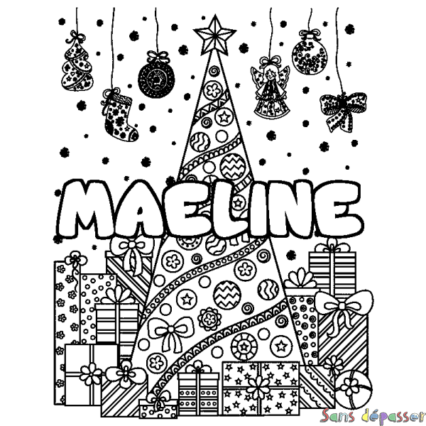 Coloriage pr&eacute;nom MAELINE - d&eacute;cor Sapin et Cadeaux