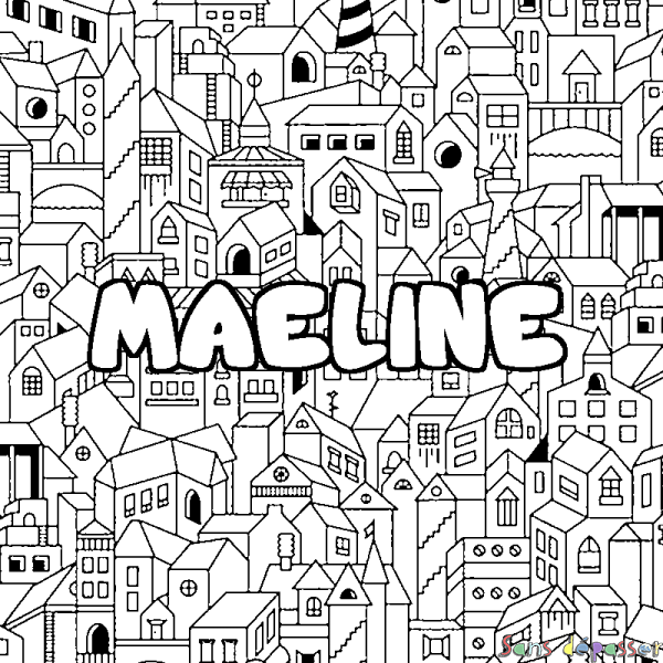 Coloriage pr&eacute;nom MAELINE - d&eacute;cor Ville