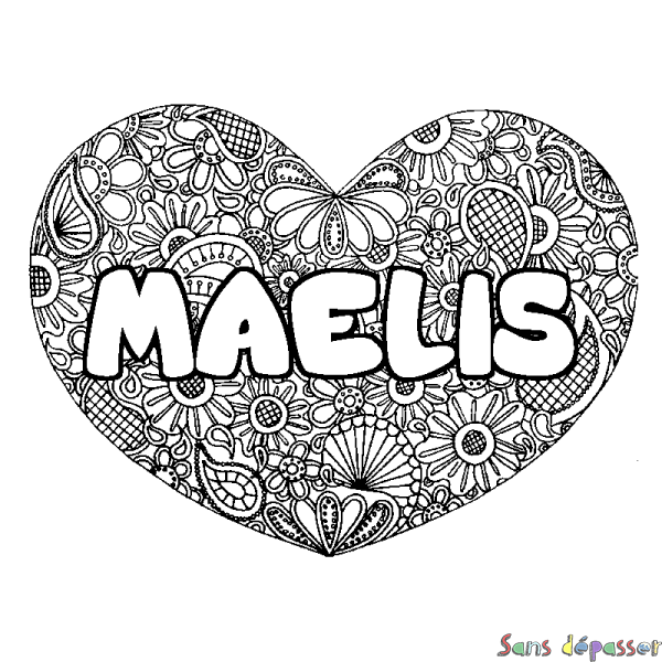 Coloriage pr&eacute;nom MAELIS - d&eacute;cor Mandala coeur