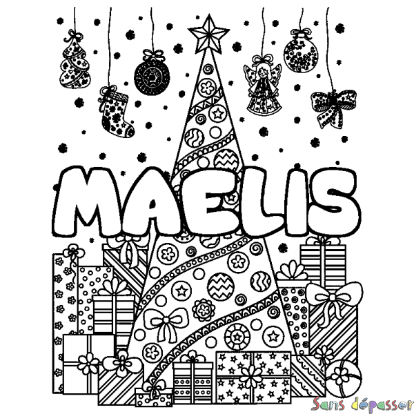 Coloriage pr&eacute;nom MAELIS - d&eacute;cor Sapin et Cadeaux
