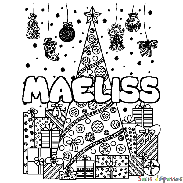 Coloriage prénom MAELISS - d&eacute;cor Sapin et Cadeaux