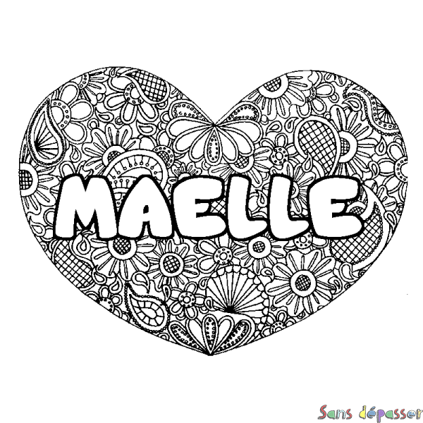 Coloriage pr&eacute;nom MAELLE - d&eacute;cor Mandala coeur