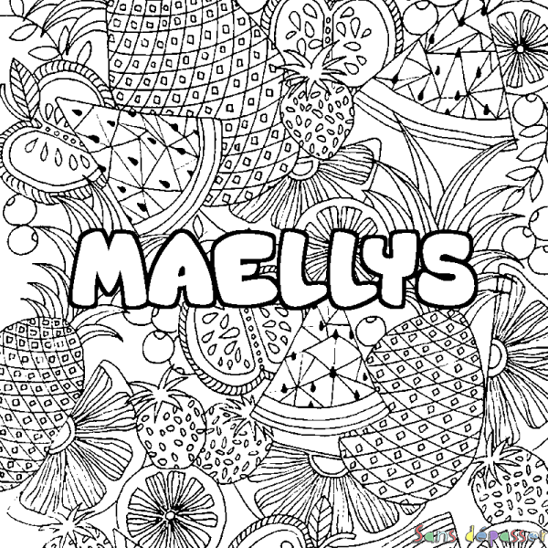 Coloriage pr&eacute;nom MAELLYS - d&eacute;cor Mandala fruits