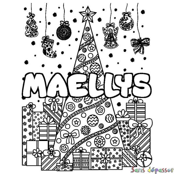 Coloriage prénom MAELLYS - d&eacute;cor Sapin et Cadeaux