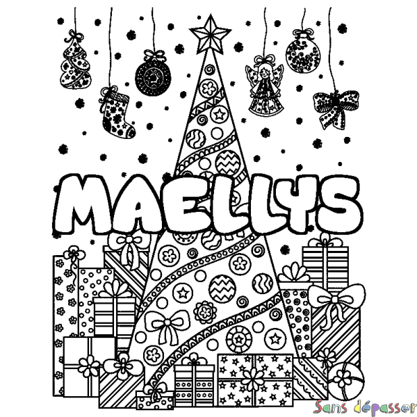 Coloriage pr&eacute;nom MAELLYS - d&eacute;cor Sapin et Cadeaux