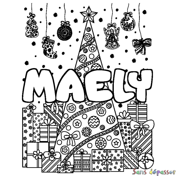 Coloriage prénom MAELY - d&eacute;cor Sapin et Cadeaux