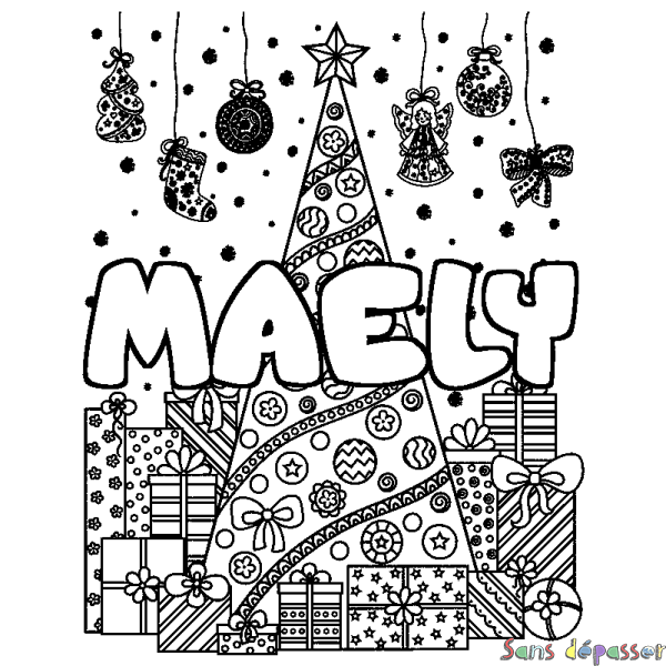 Coloriage pr&eacute;nom MAELY - d&eacute;cor Sapin et Cadeaux