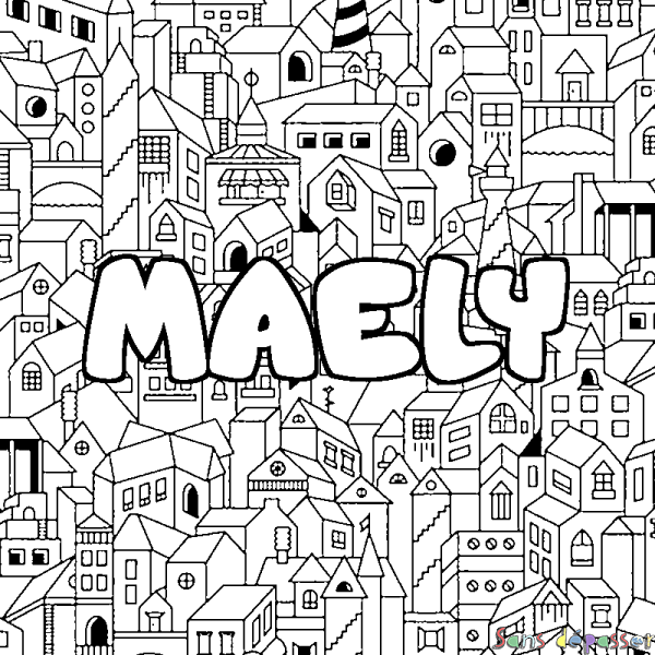 Coloriage pr&eacute;nom MAELY - d&eacute;cor Ville