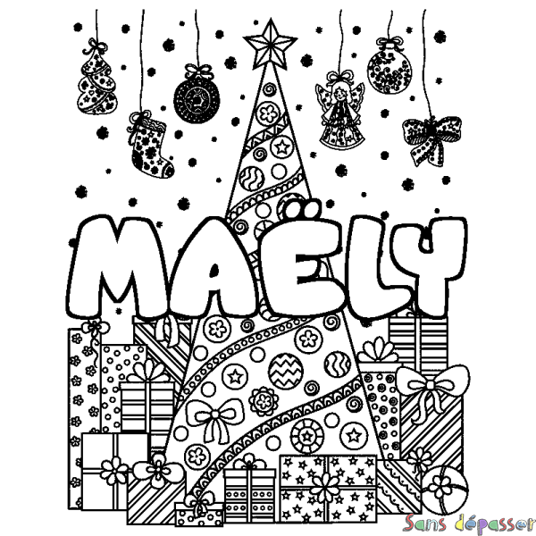 Coloriage pr&eacute;nom MA&Euml;LY - d&eacute;cor Sapin et Cadeaux