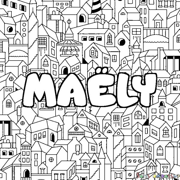 Coloriage pr&eacute;nom MA&Euml;LY - d&eacute;cor Ville