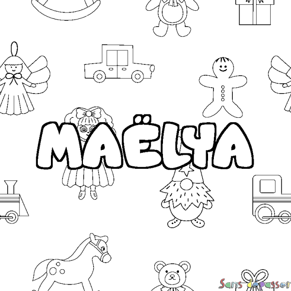 Coloriage pr&eacute;nom MA&Euml;LYA - d&eacute;cor Jouets